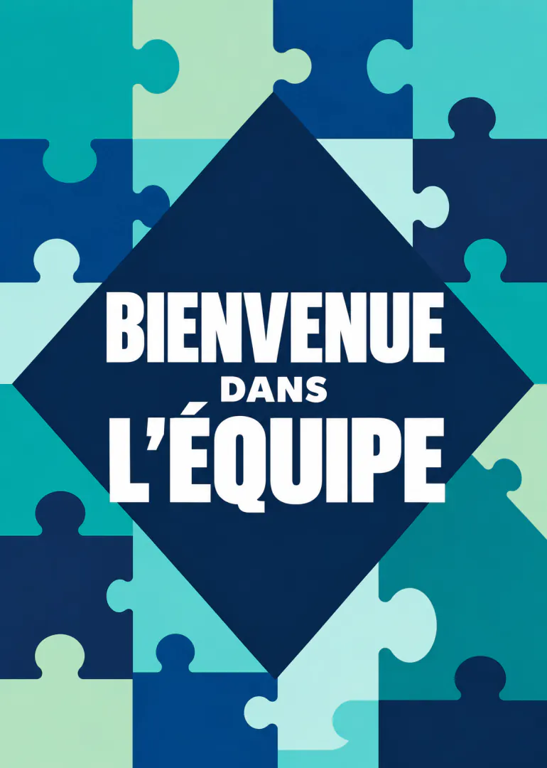 Carte à motifs de pièces de puzzle bleu et turquoise avec le texte « BIENVENUE DANS L’ÉQUIPE ».