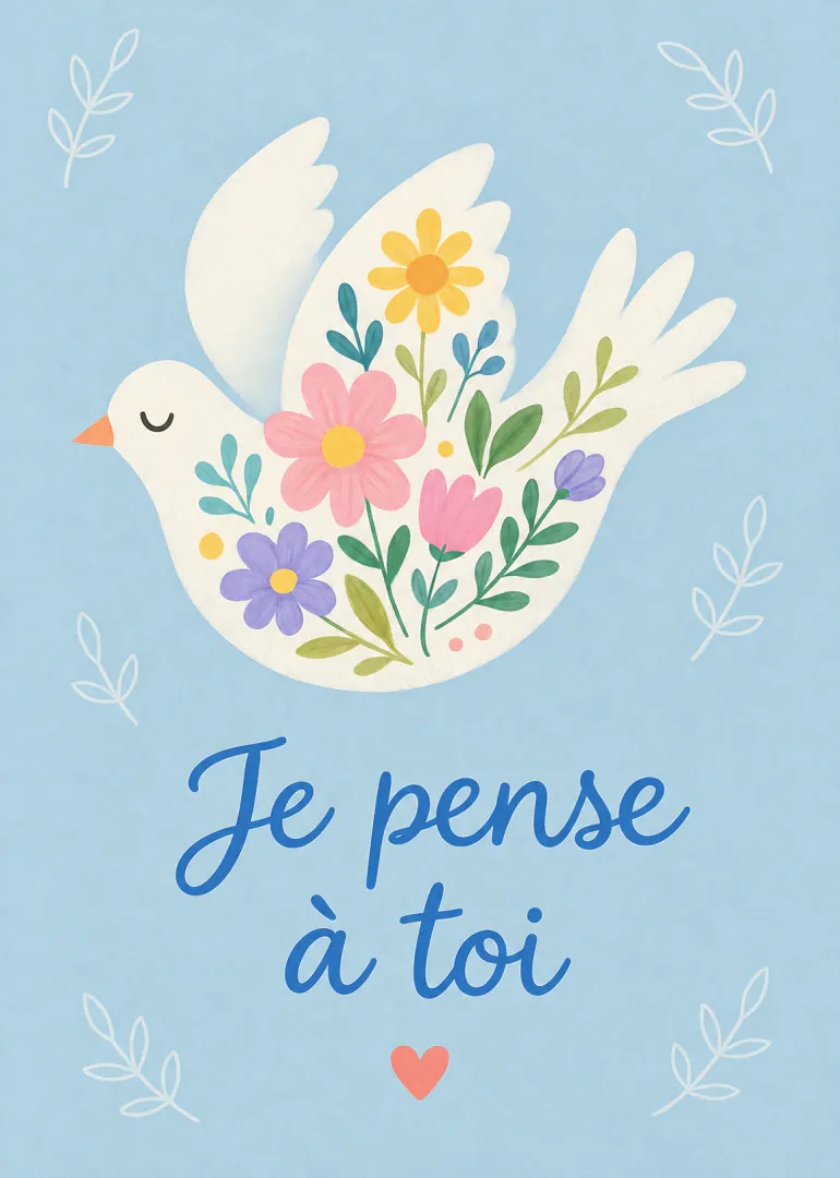 Carte bleue avec une colombe blanche décorée de fleurs et le texte « Je pense à toi ».