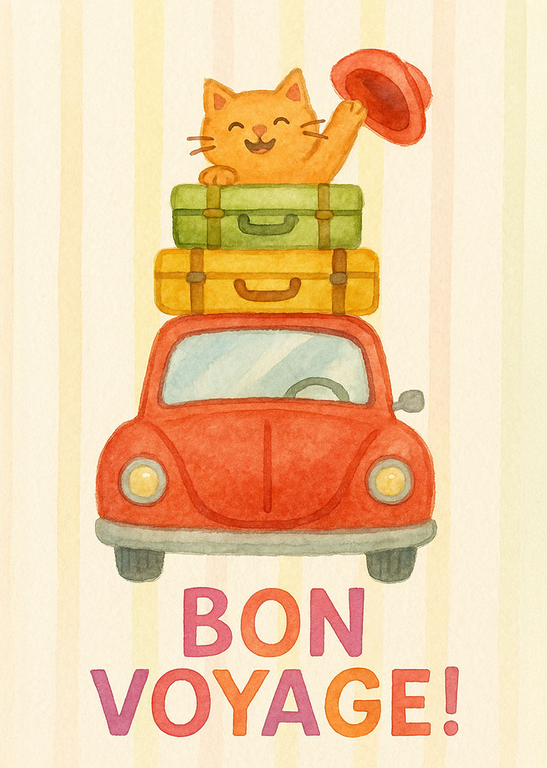 Watercolor card with cat waving from car roof with luggage and bon voyage text
