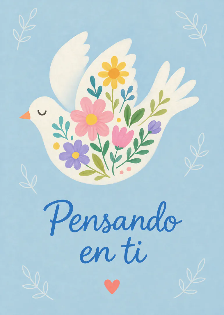 Tarjeta azul con una paloma blanca decorada con flores y el texto «Pensando en ti».