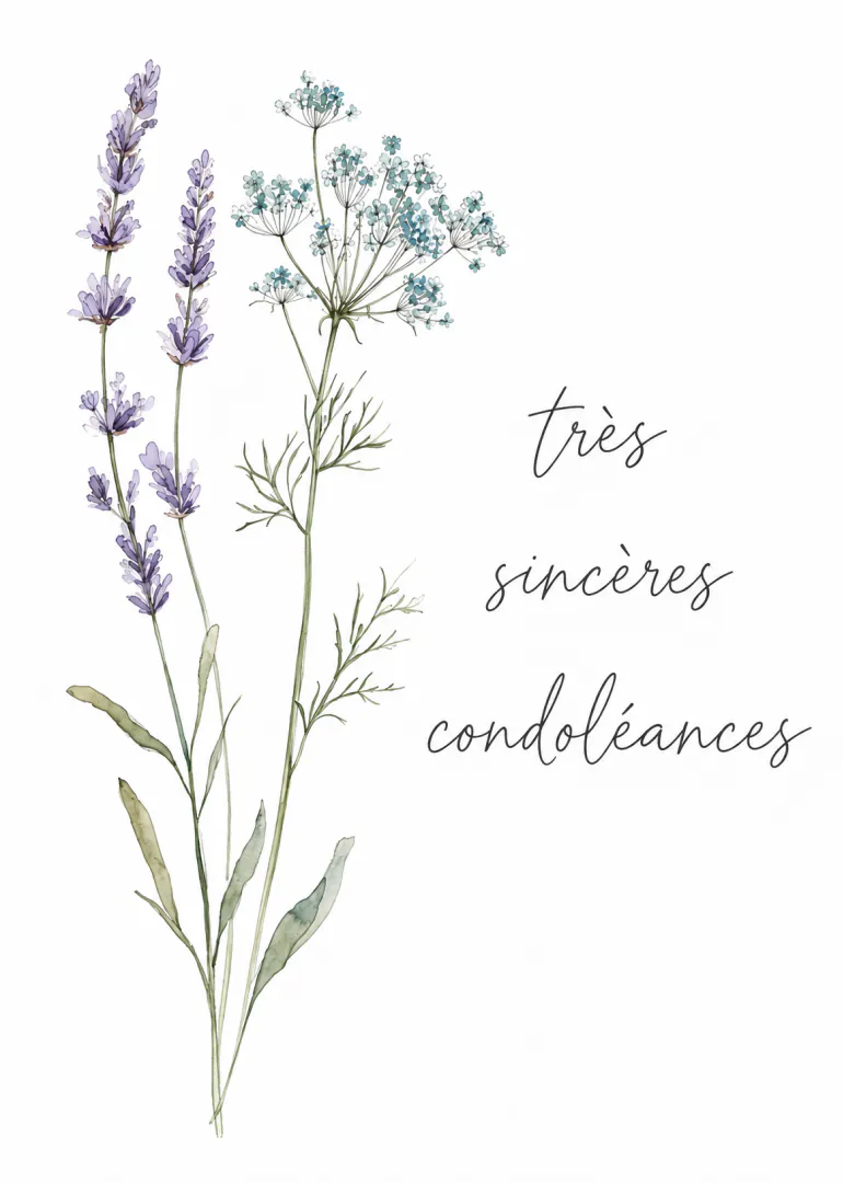 Carte blanche avec brins de lavande et petites fleurs bleu pâle, accompagnés du texte « très sincères condoléances ».