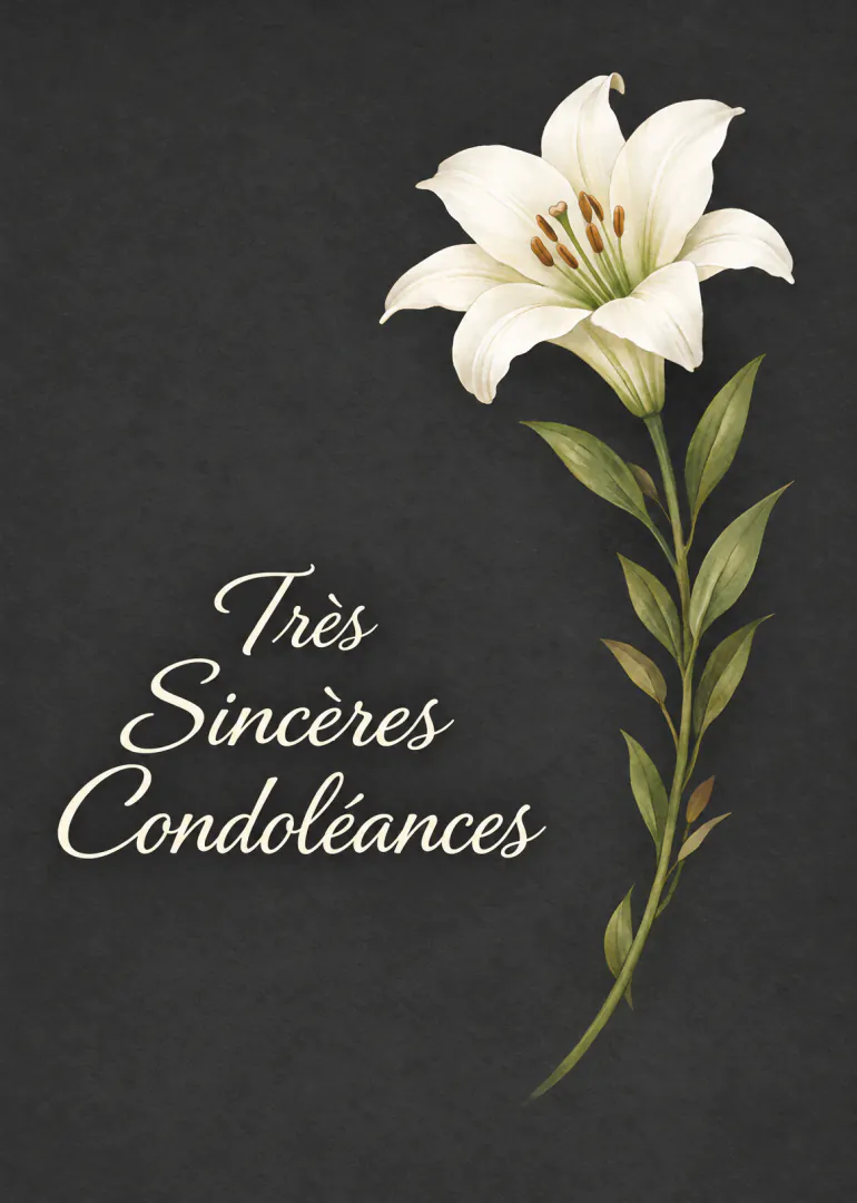Carte noire avec un grand lys blanc et le texte « Très Sincères Condoléances » en écriture crème.