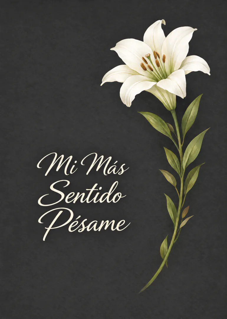 Tarjeta negra con un lirio blanco y el texto «Mi Más Sentido Pésame».