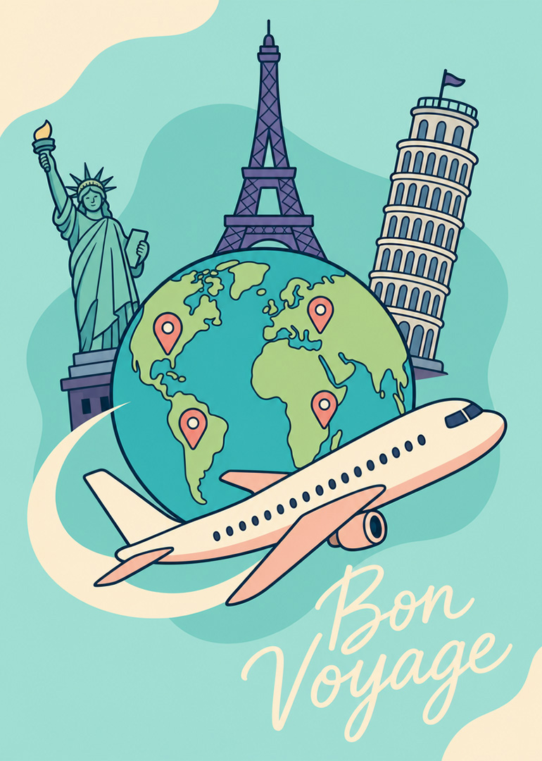 Globe with airplane and world landmarks beside Bon Voyage text in soft pastel travel style.