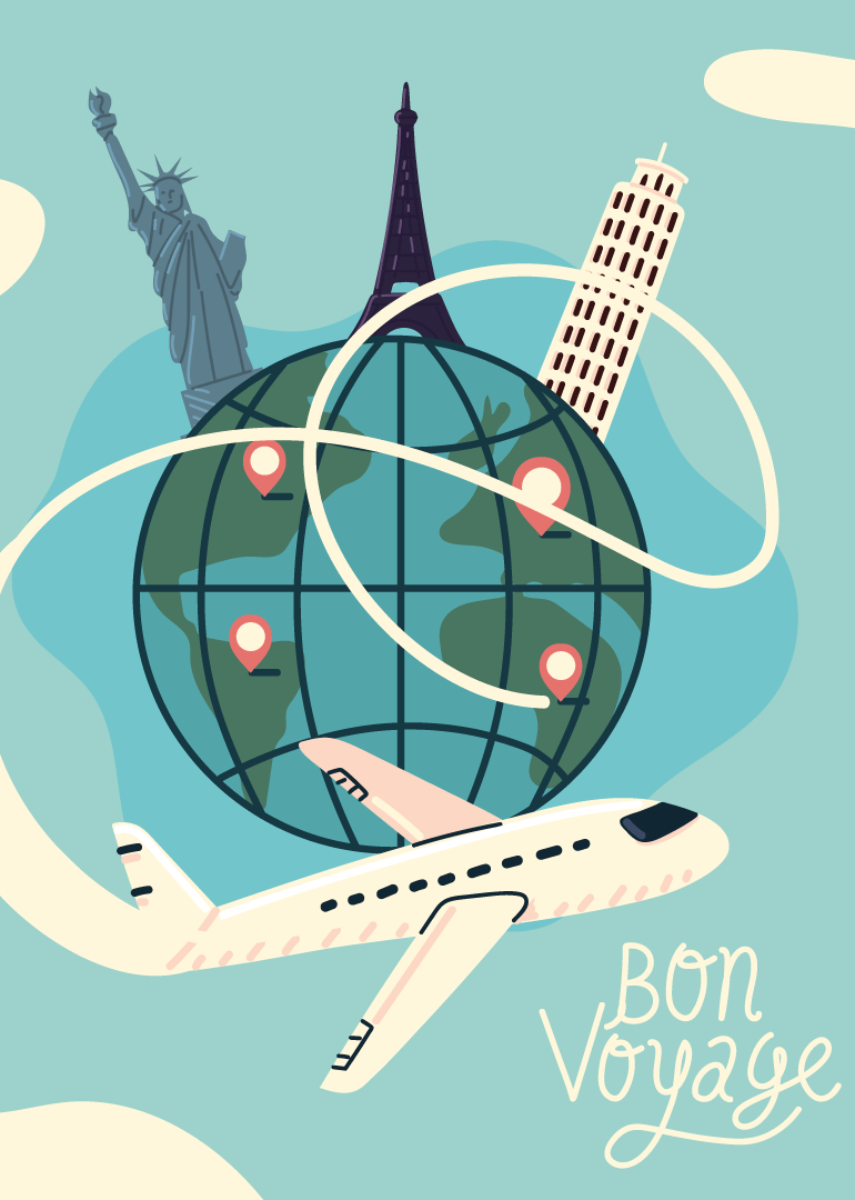 Airplane flying around globe with landmarks and bon voyage text