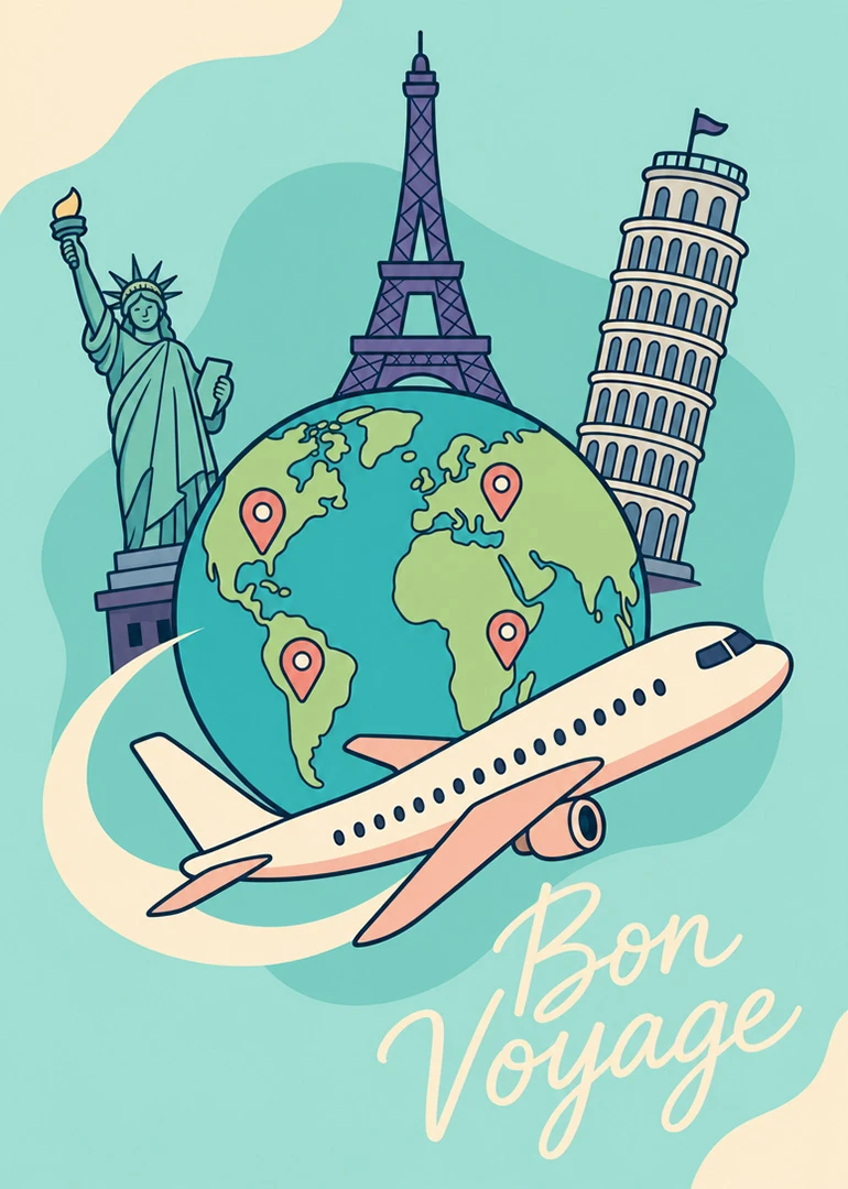 Globe with airplane and world landmarks beside Bon Voyage text in soft pastel travel style.