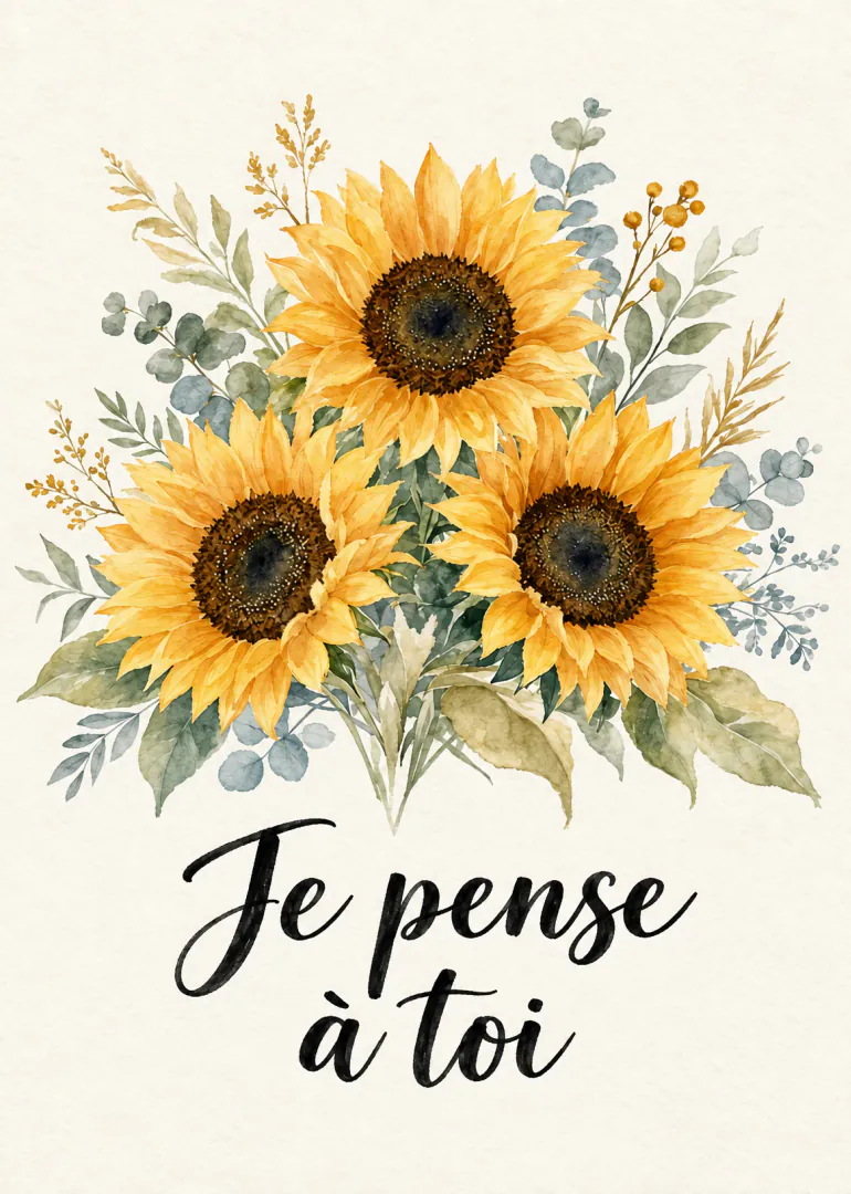 Trois tournesols aquarellés avec feuillage et le texte « Je pense à toi ».