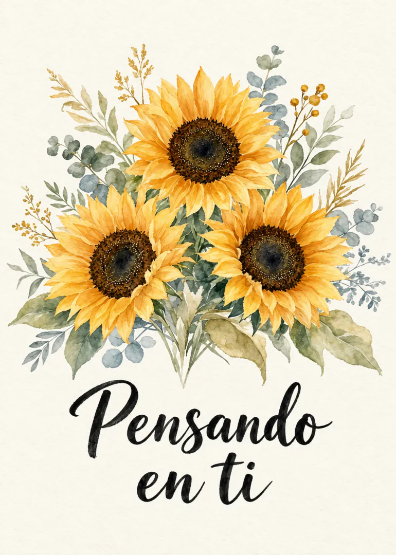 Tarjeta con tres girasoles amarillos y follaje en acuarela sobre fondo crema, con el texto «Pensando en ti».