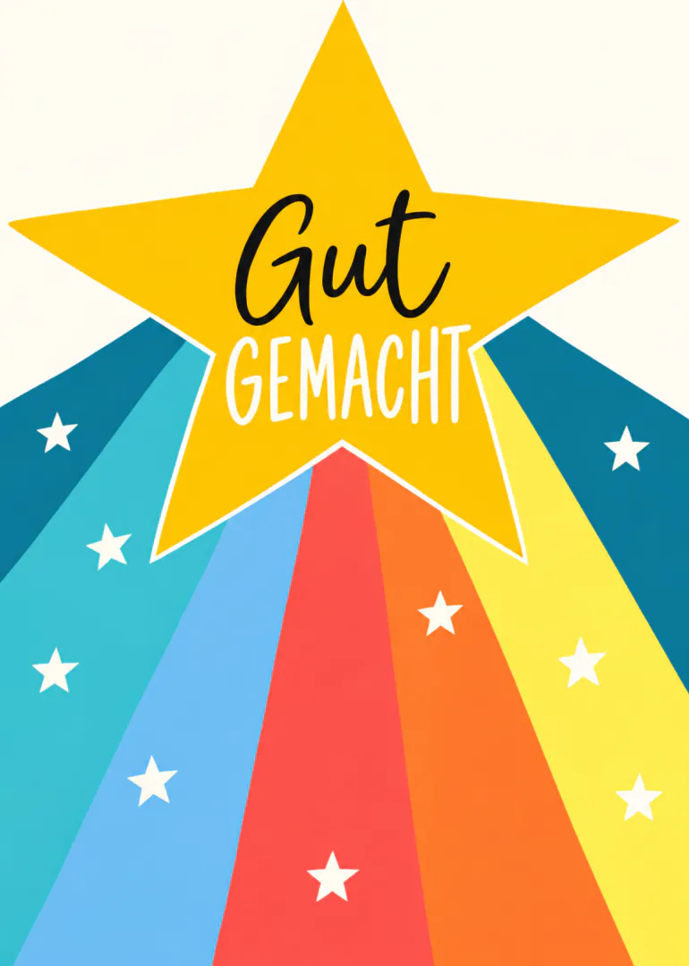 Großer gelber Stern mit der Aufschrift „Gut GEMACHT“ über bunten Strahlen und kleinen weißen Sternen.