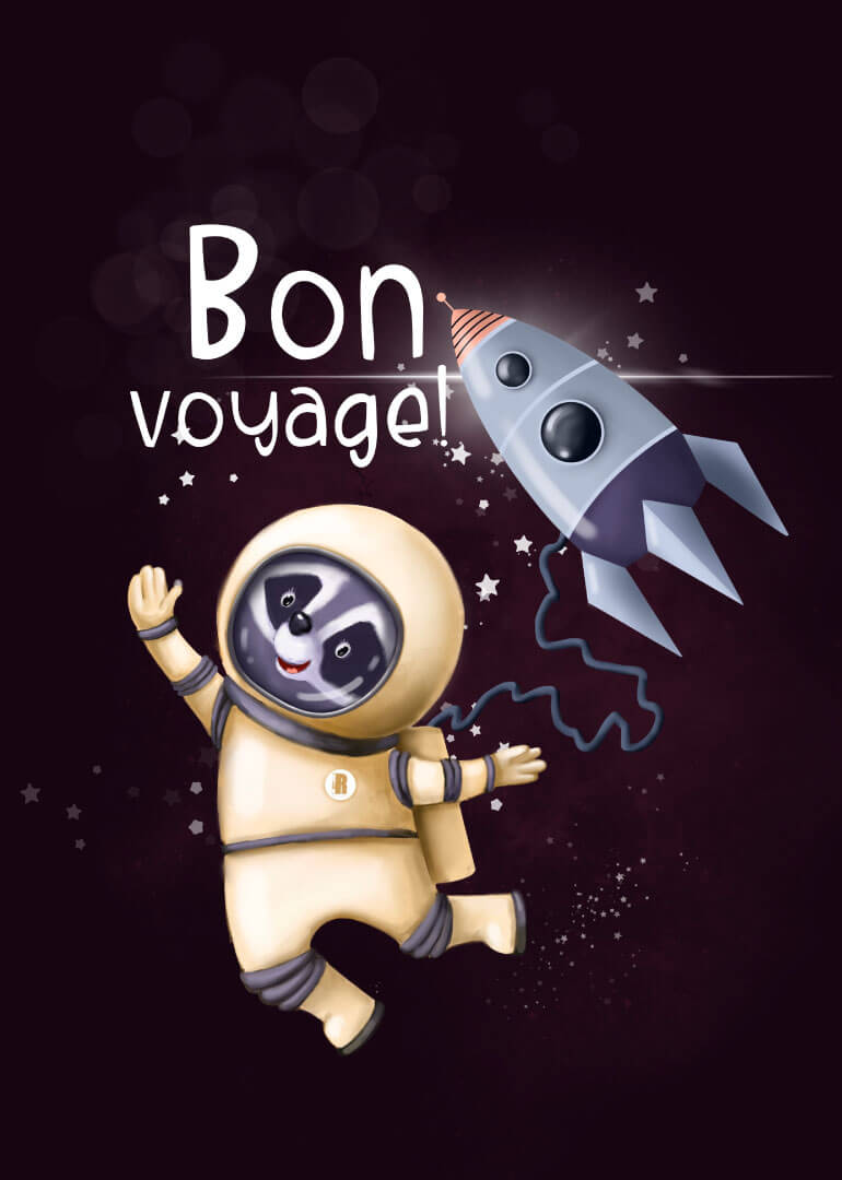 Raccoon astronaut holding rocket balloon with Bon Voyage text on dark background