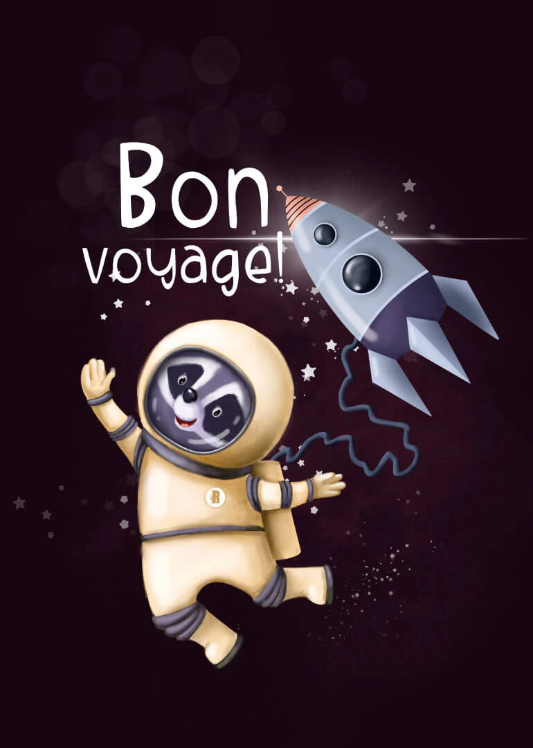 Raccoon astronaut floating beside a rocket with Bon voyage! text on a dark space background.