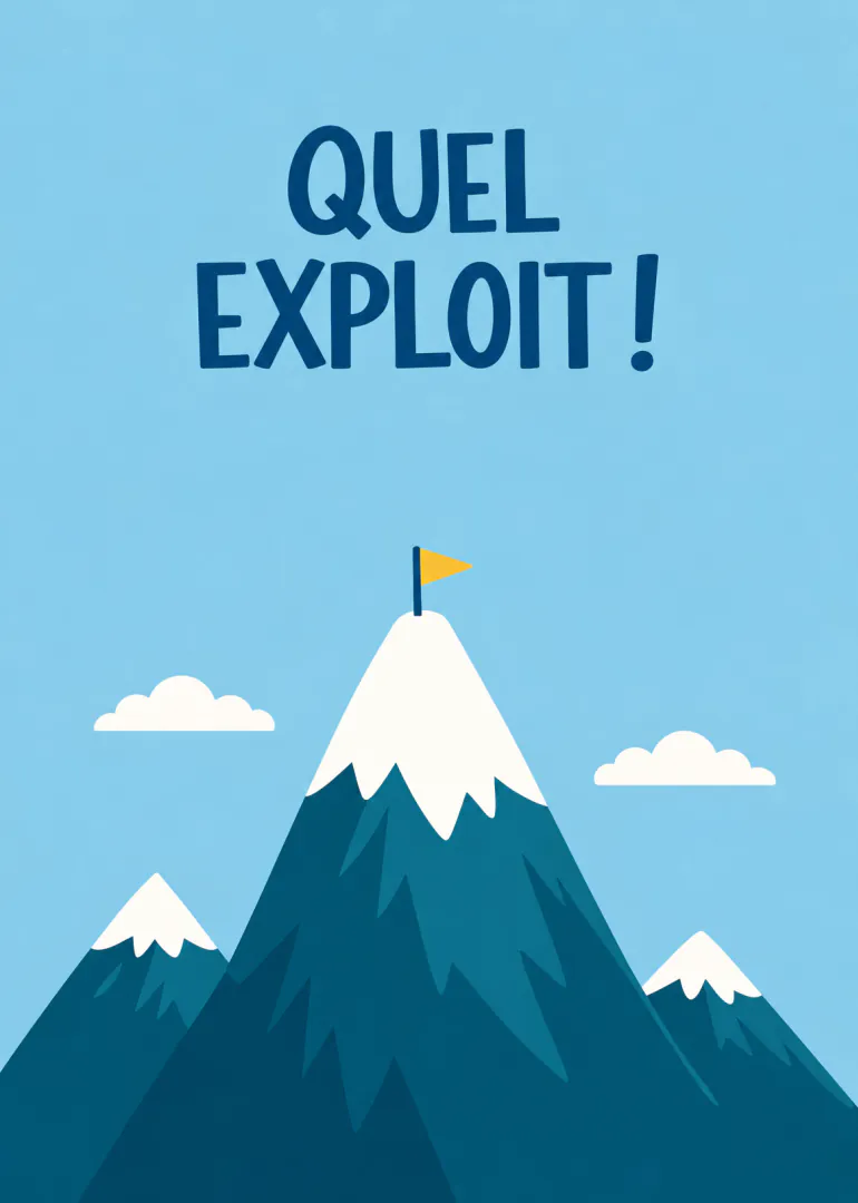 Carte bleue avec le texte « QUEL EXPLOIT ! », des montagnes enneigées et un drapeau au sommet.