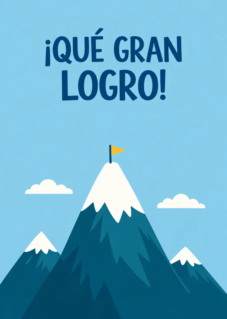 Tarjeta azul con el texto «¡QUÉ GRAN LOGRO!» y una montaña nevada con bandera amarilla.