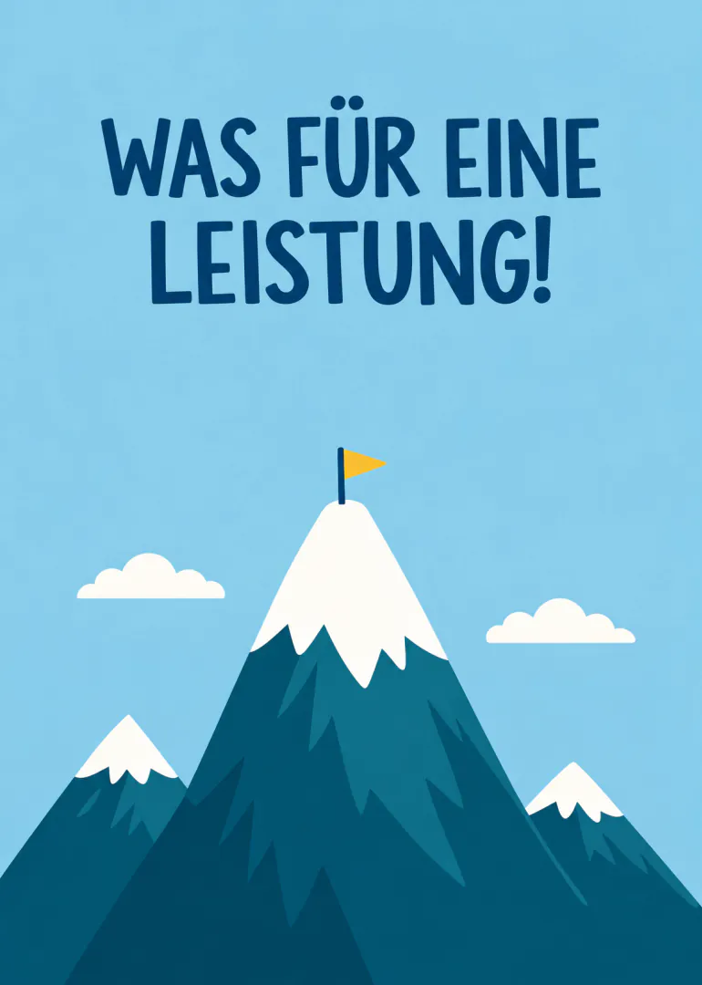Blaue Karte mit dem Schriftzug „WAS FÜR EINE LEISTUNG!“, schneebedeckten Bergen und einer Flagge auf dem Gipfel.
