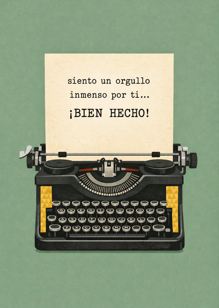 Tarjeta verde con una máquina de escribir negra y una hoja que dice «siento un orgullo inmenso por ti... ¡BIEN HECHO!»