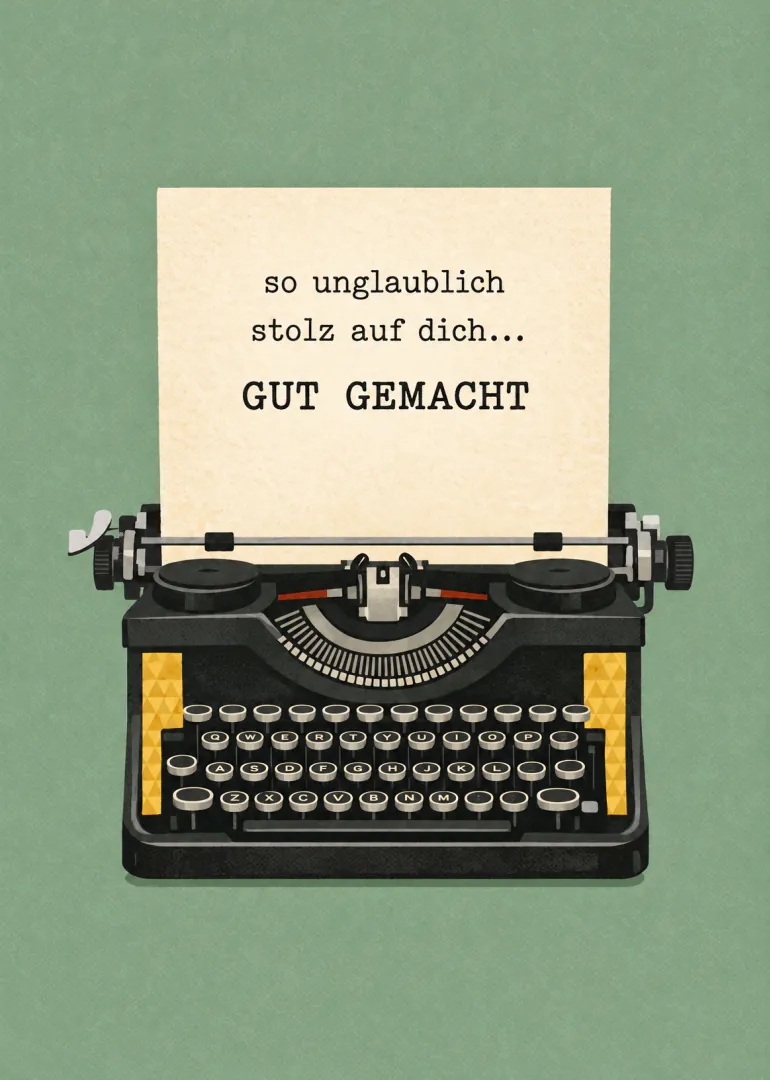 Retro-Illustration einer schwarzen Schreibmaschine mit einem Blatt Papier und einer stolzen Glückwunschbotschaft.