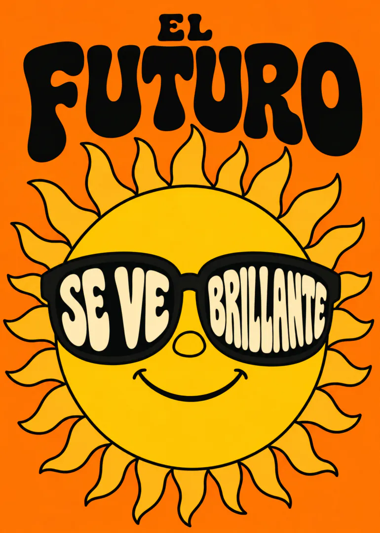 Tarjeta naranja con un sol sonriente con gafas y el mensaje «El futuro se ve brillante».