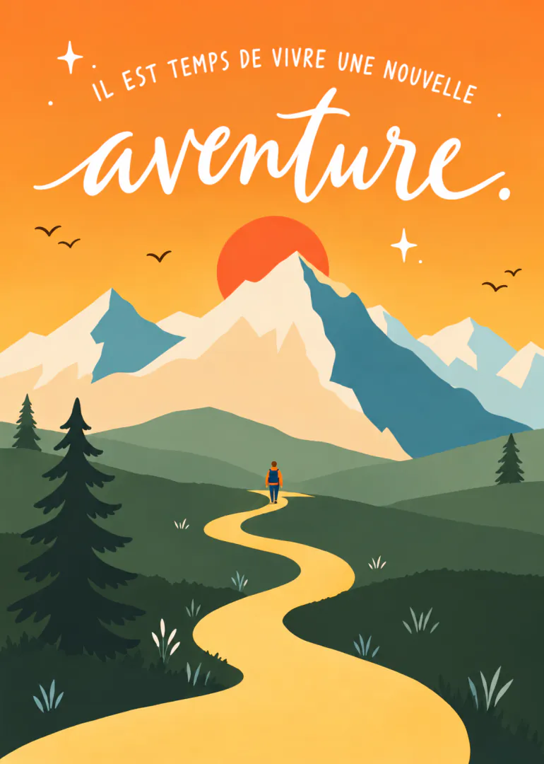 Illustration d’une personne marchant sur un sentier doré vers des montagnes, sous un soleil couchant.