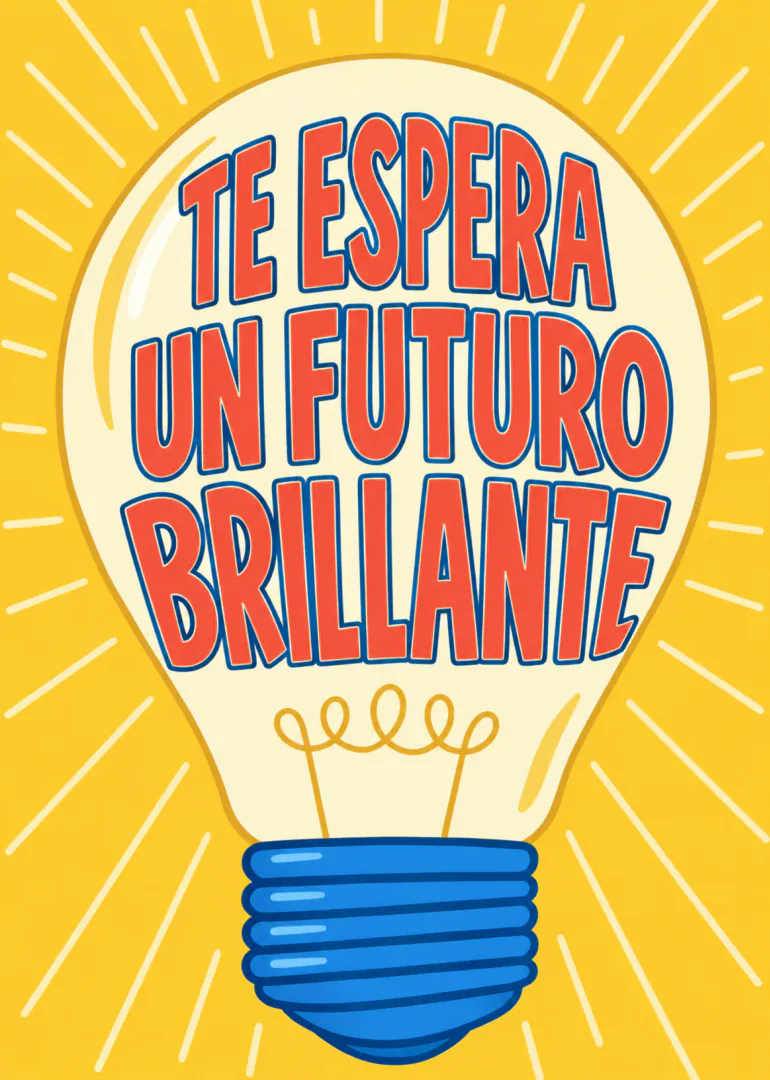 Tarjeta amarilla con una bombilla y el mensaje «TE ESPERA UN FUTURO BRILLANTE».