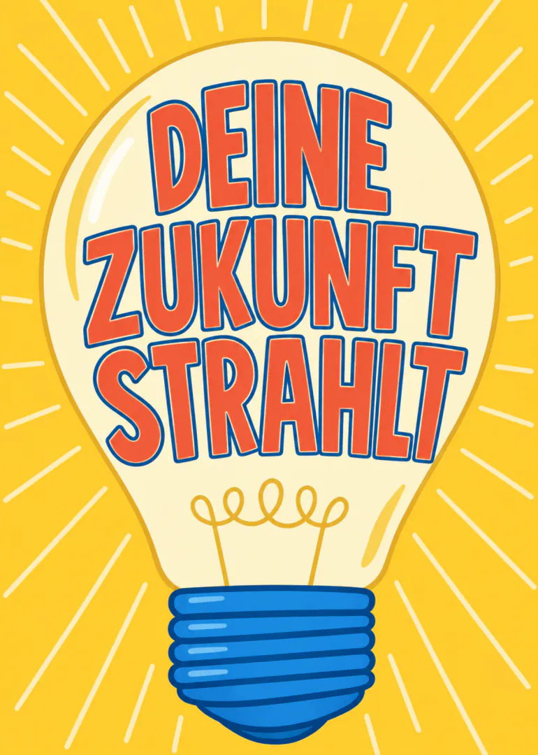 Gelbe Karte mit grosser Glühbirne und dem Schriftzug „DEINE ZUKUNFT STRAHLT“ in Rot und Blau.