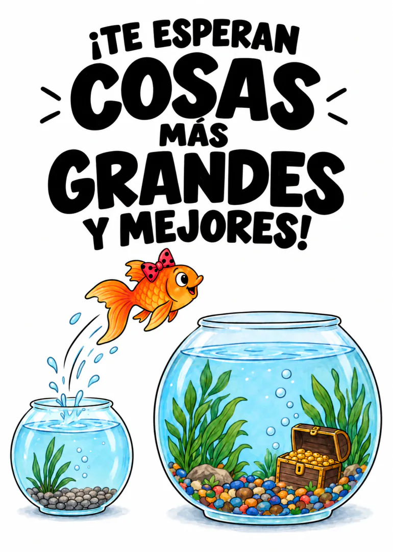 Tarjeta con el texto «¡TE ESPERAN COSAS MÁS GRANDES Y MEJORES!» y un pez dorado saltando de una pecera pequeña a otra grande.
