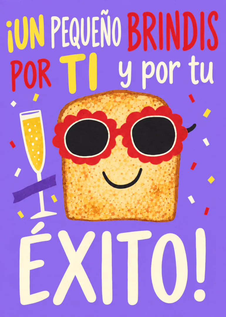 Tarjeta morada con una rebanada de pan con gafas de sol y una copa de champán junto al mensaje de felicitación.