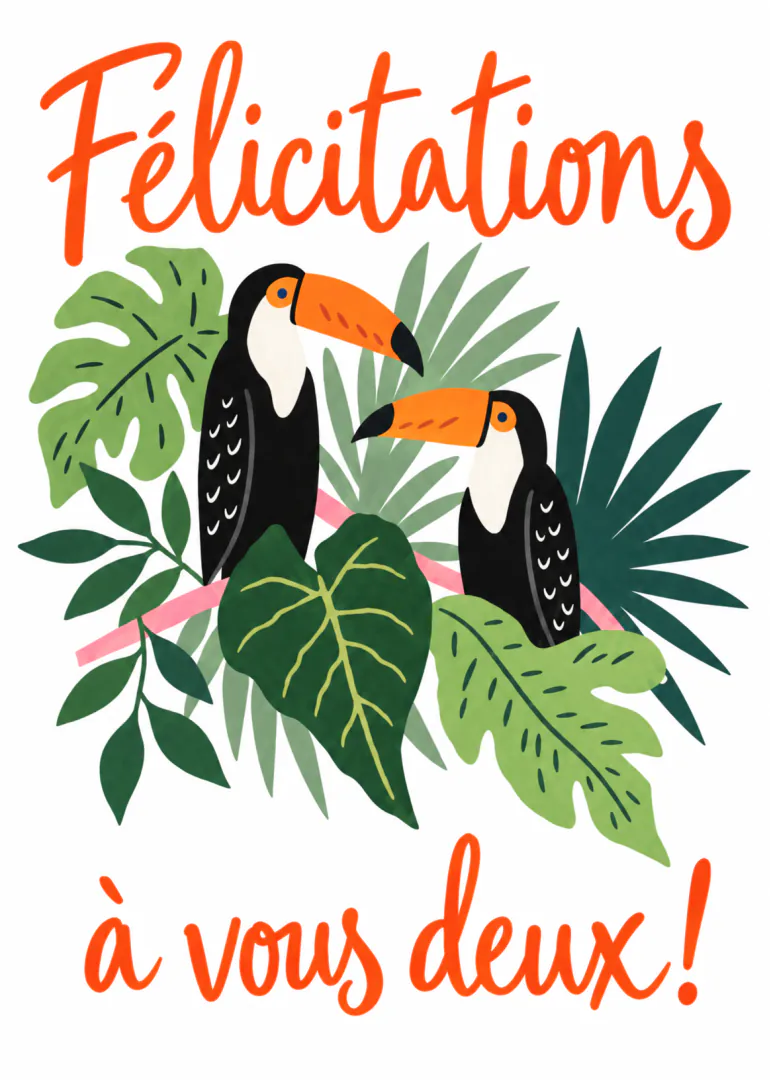 Carte blanche avec deux toucans parmi des feuilles tropicales et le message orange « Félicitations à vous deux ! ».