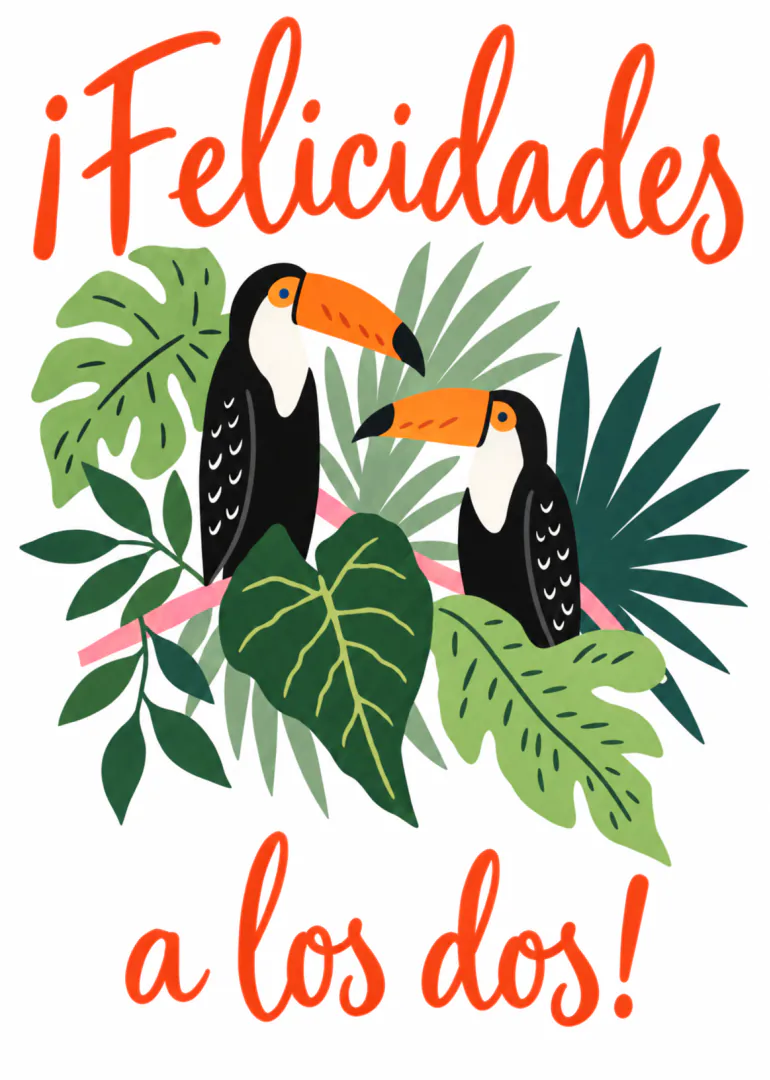 Tarjeta blanca con dos tucanes entre hojas tropicales y el texto «¡Felicidades a los dos!».