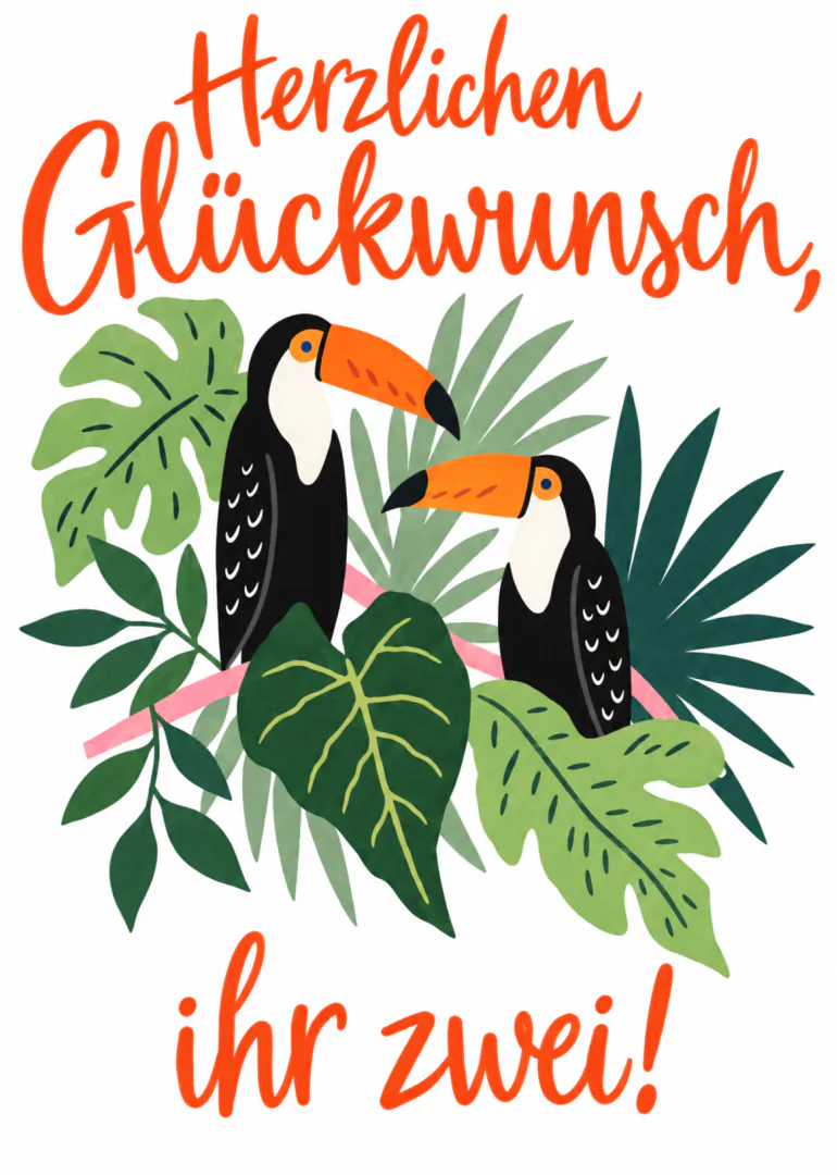 Glückwunschkarte mit zwei Tukanen in tropischem Blattwerk und orangefarbener Schrift.
