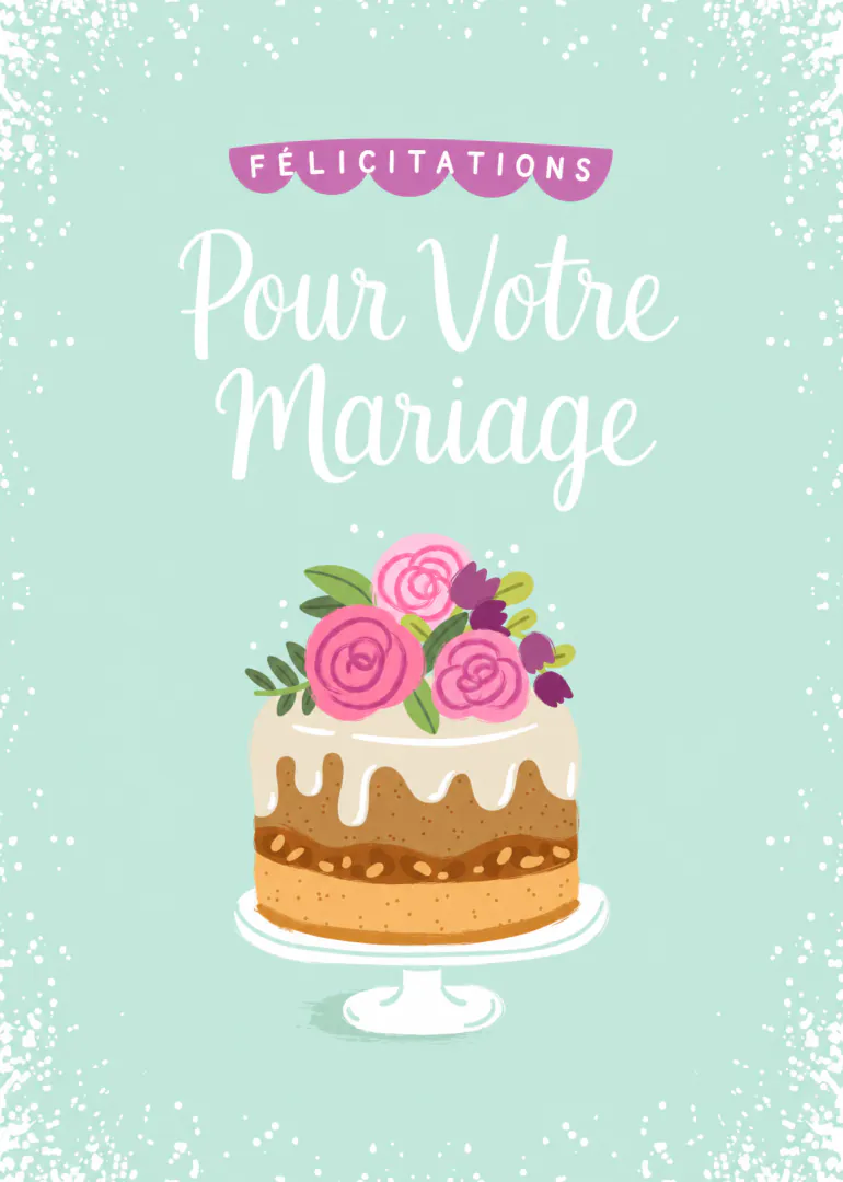 Carte vert menthe avec gâteau fleuri et le message « Félicitations Pour Votre Mariage ».