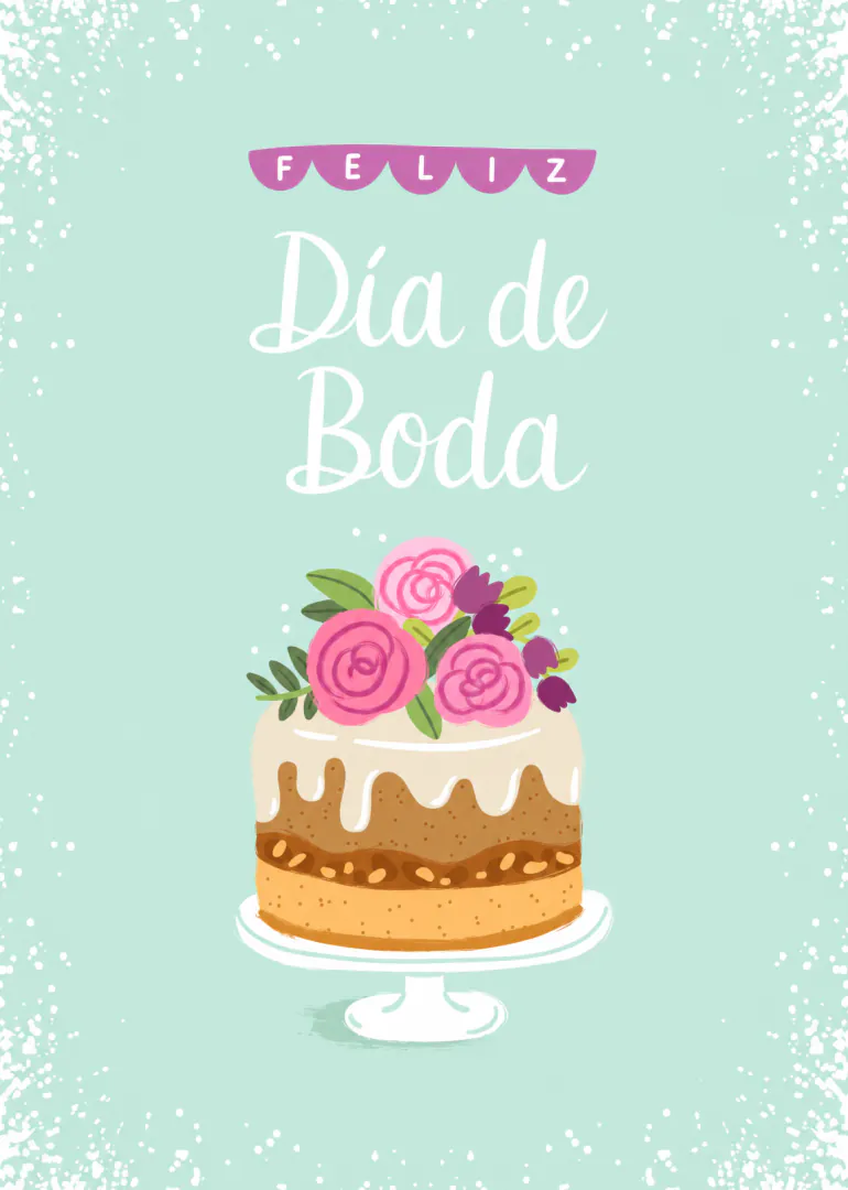 Tarjeta verde menta con el texto «Feliz Día de Boda» y una tarta decorada con flores rosas.