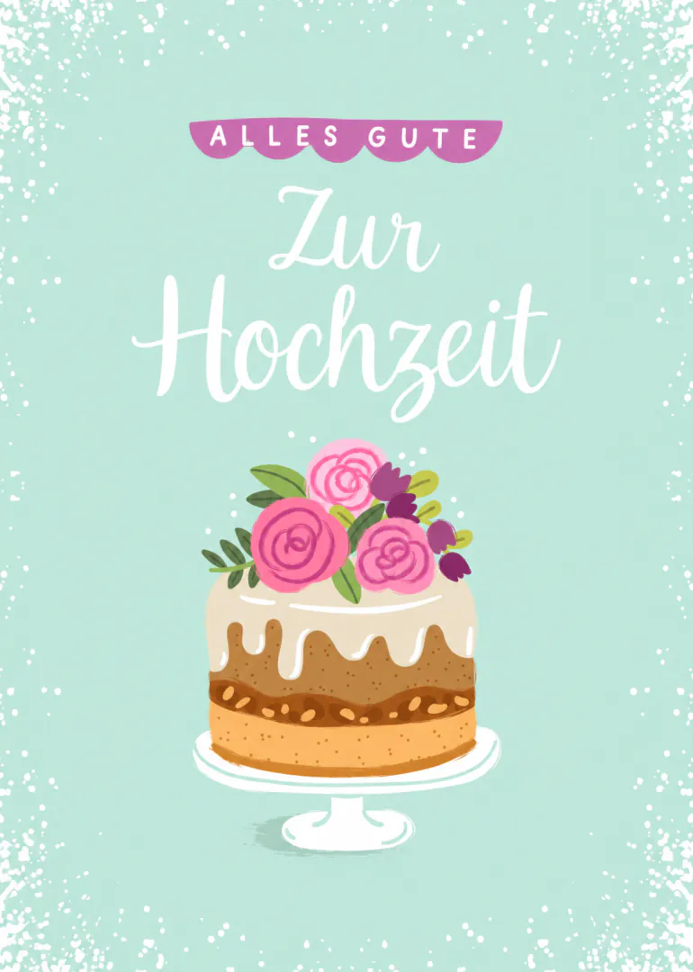 Mintgrüne Hochzeitskarte mit weißer Schrift, einer rosa Blumentorte und Sprenkeln am Rand.