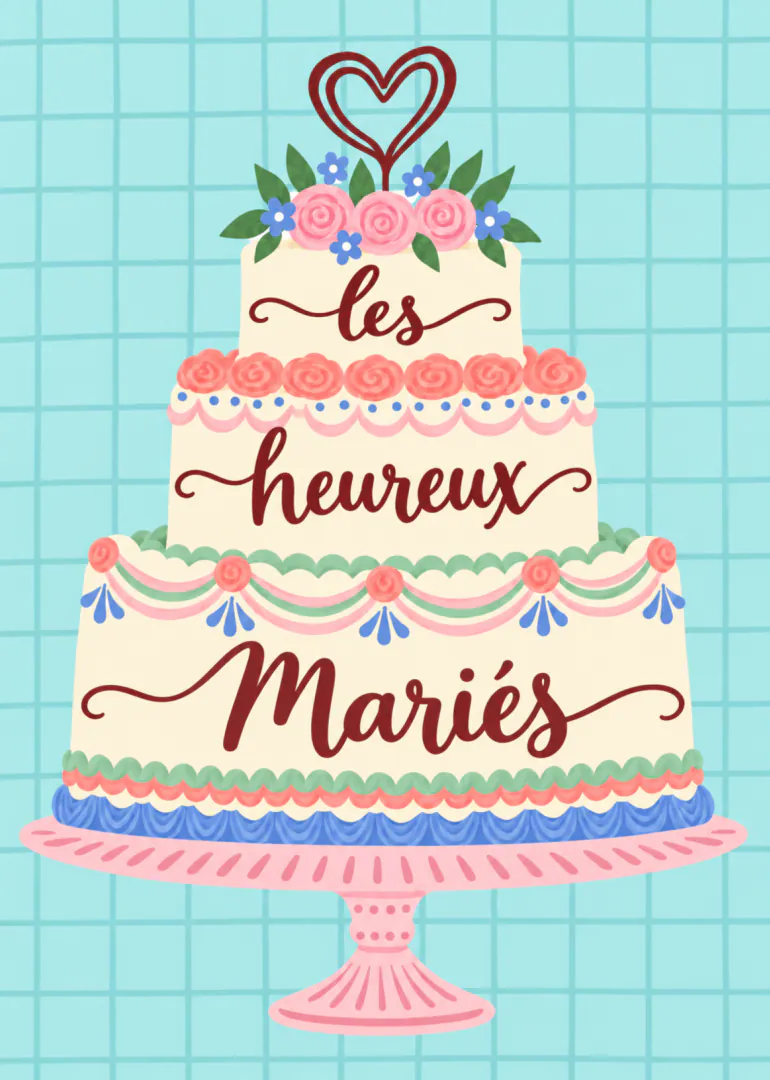 Carte illustrée d’un gâteau de mariage à trois étages fleuri, portant le texte « les heureux Mariés ».