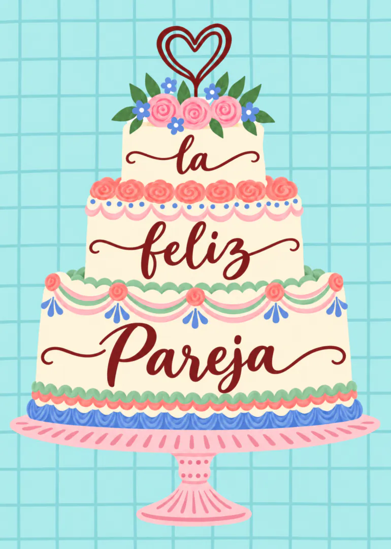 Ilustración de una tarta de boda de tres pisos con flores, un corazón y el texto «la feliz Pareja».