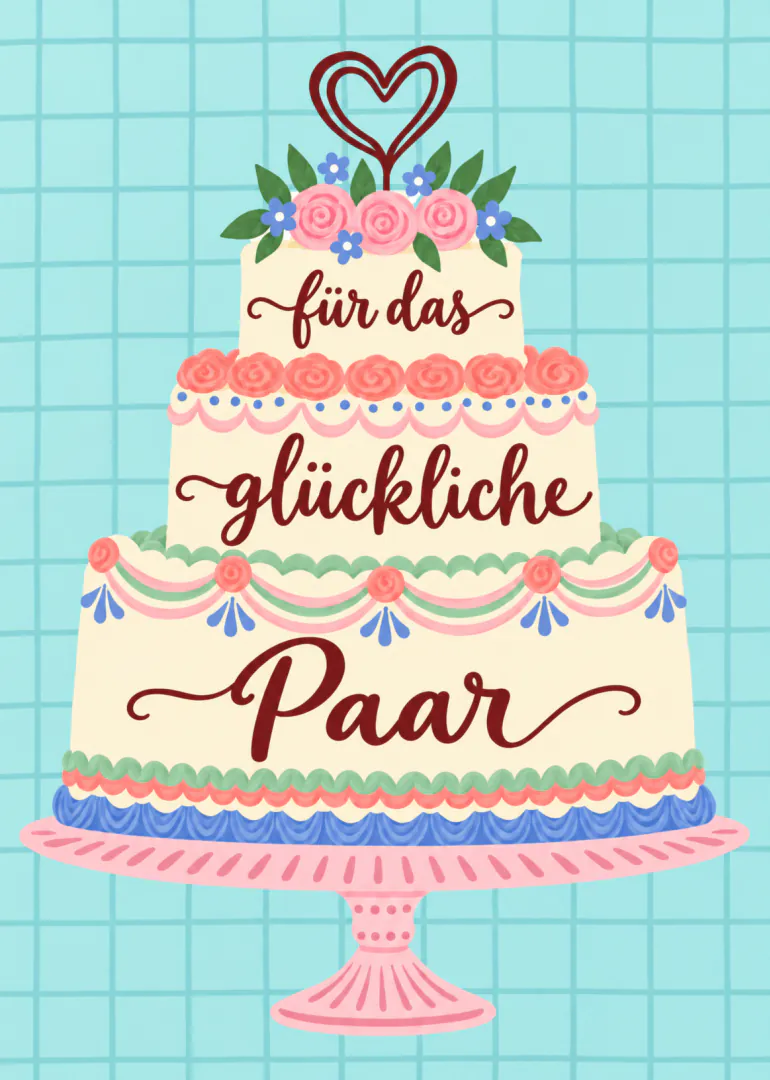 Illustrierte mehrstöckige Hochzeitstorte mit Blumen, Herzaufsatz und dem Schriftzug „für das glückliche Paar“ vor türkisfarbenem Karohintergrund.