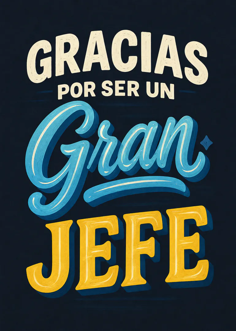 Tarjeta azul oscuro con el mensaje «Gracias por ser un Gran JEFE» en letras crema, azul y amarillas.