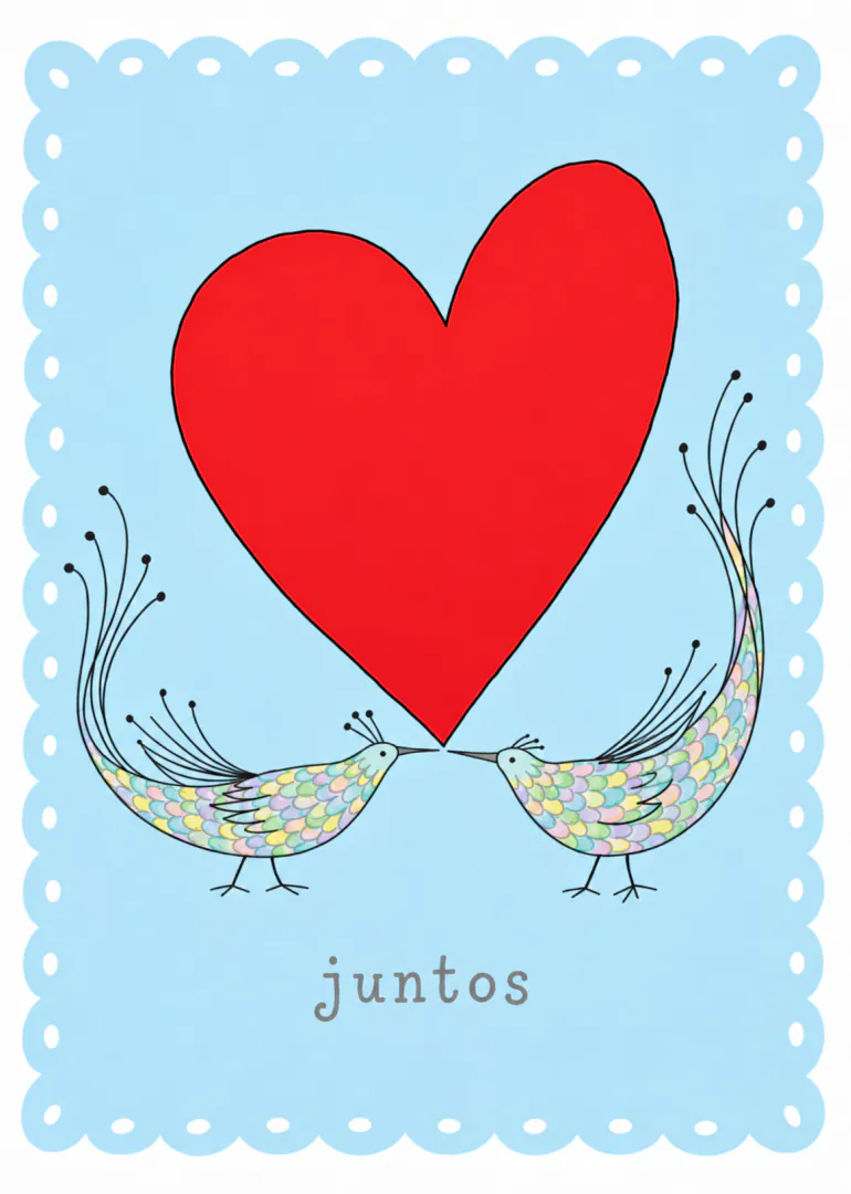 Dos pájaros de colores se miran bajo un gran corazón rojo sobre fondo azul, con la palabra «juntos».