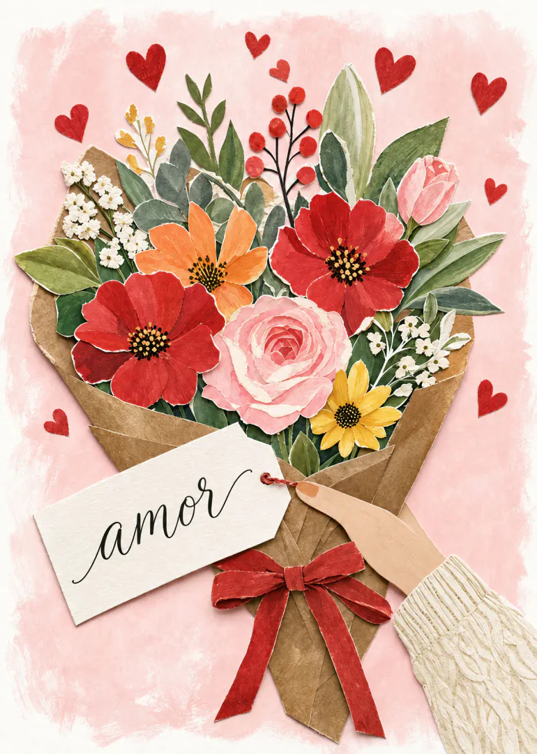 Tarjeta rosa con un ramo de flores de papel, corazones rojos y una etiqueta que dice «amor».
