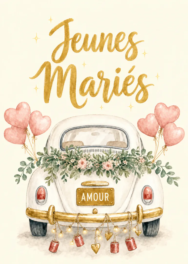 Carte de mariage montrant une voiture blanche fleurie, des ballons en forme de cœur et le texte « Jeunes Mariés ».
