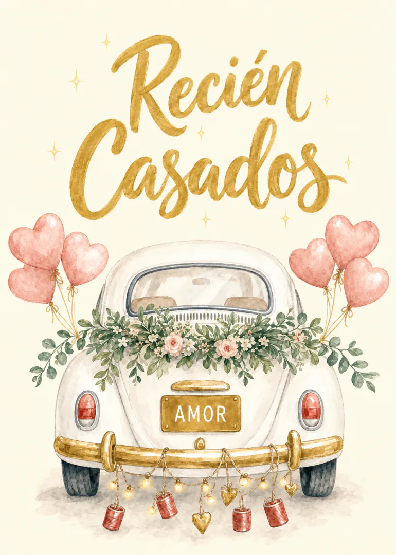 Ilustración en acuarela de un coche blanco decorado con flores, globos de corazón y el texto «Recién Casados».