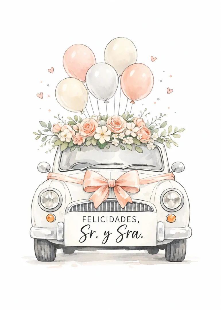Tarjeta de boda con coche blanco decorado con flores, un gran lazo y globos en tonos pastel.
