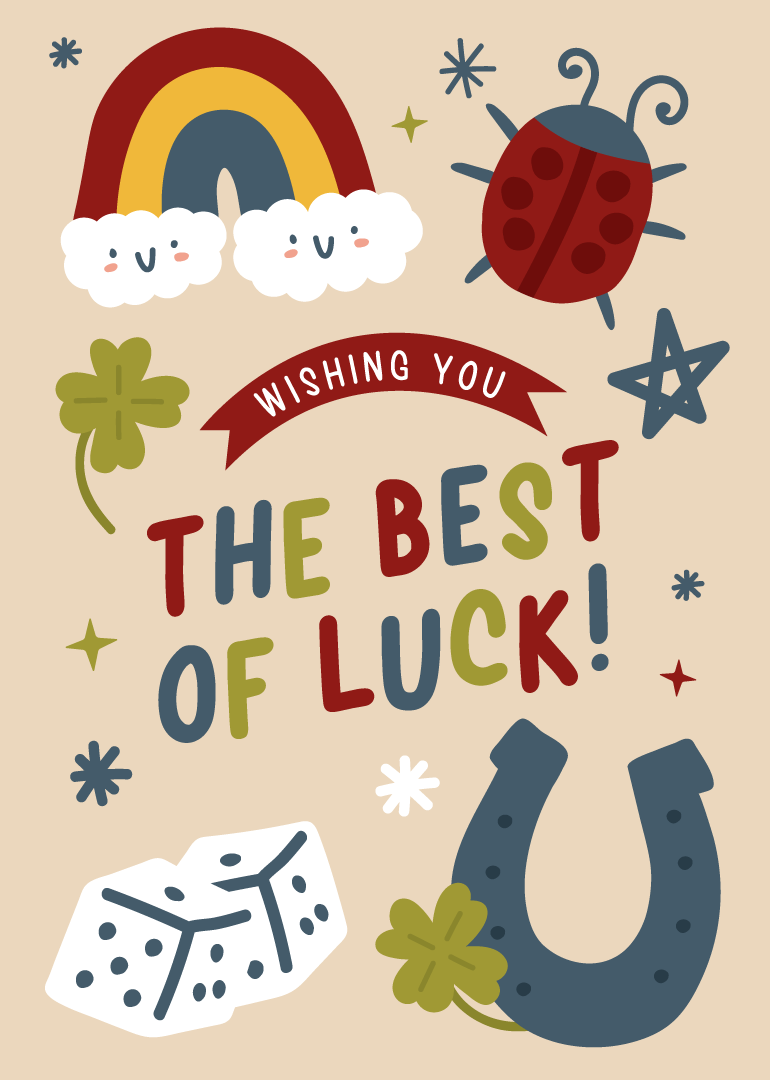 Good luck card with rainbow, horseshoe, ladybug, and clover