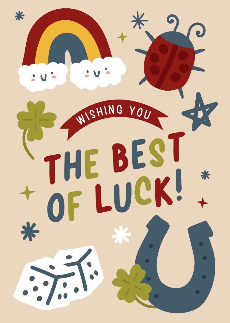 Cute lucky-themed card with rainbow, ladybug, horseshoe, clover, and Wishing you the best of luck.