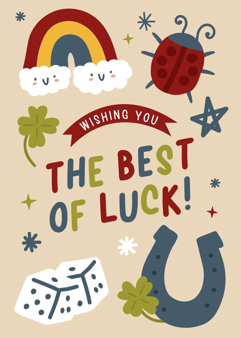 Cute lucky-themed card with rainbow, ladybug, horseshoe, clover, and Wishing you the best of luck.
