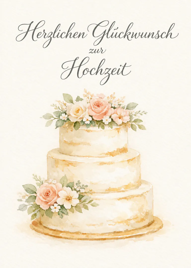 Elegante Hochzeitskarte mit einer dreistöckigen Torte, pastellfarbenen Blumen und handschriftlicher Gratulation.