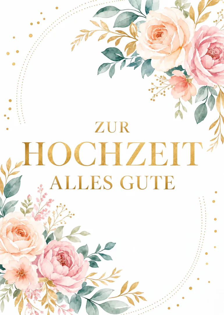 Weisse Hochzeitskarte mit rosafarbenen Rosen, grünem Blattwerk, goldenen Akzenten und dem Schriftzug „ZUR HOCHZEIT ALLES GUTE“.