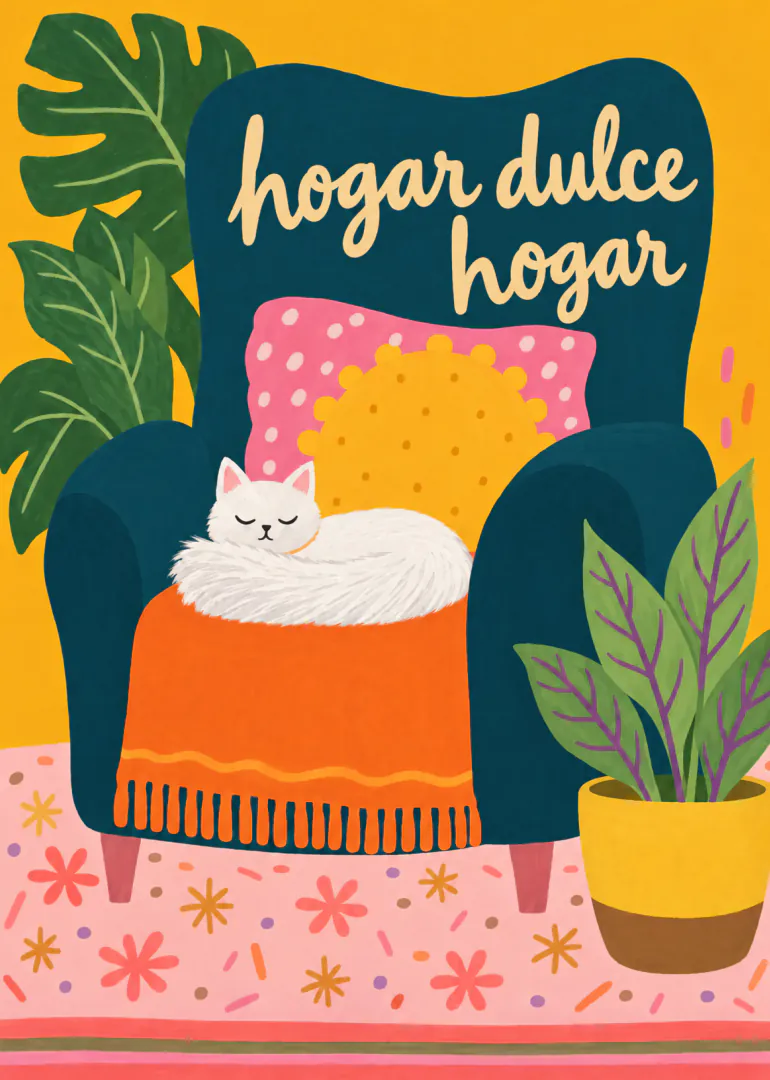 Ilustración de un gato blanco dormido en un sillón azul con plantas, bajo el texto «hogar dulce hogar».