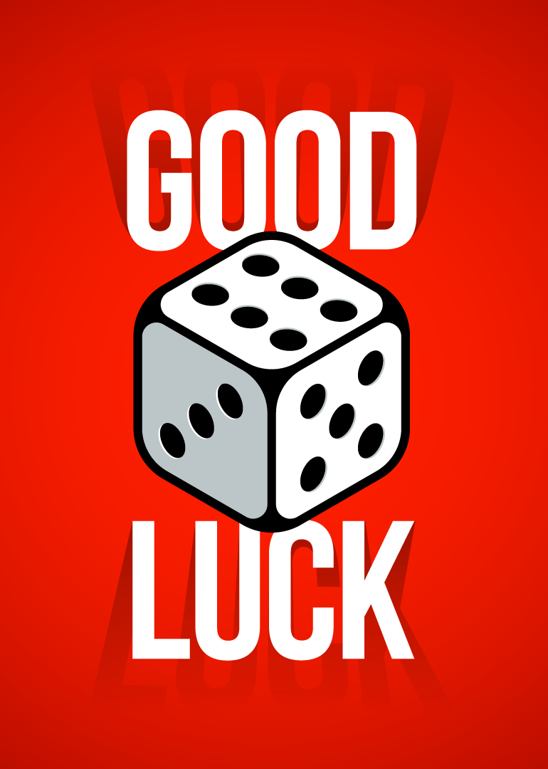 Good luck card featuring a dice on a bright red background