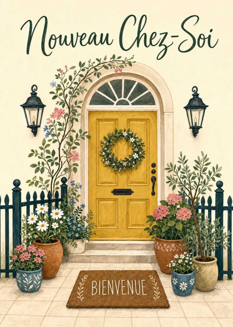 Carte illustrée d’une porte jaune ornée d’une couronne, entourée de fleurs en pots, avec les mots « Nouveau Chez-Soi » et « BIENVENUE ».