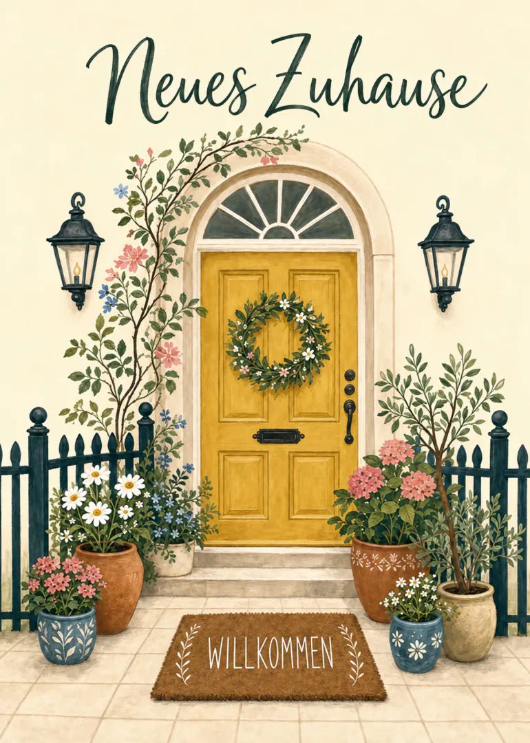 Illustrierte gelbe Haustür mit Blumenkranz, Topfpflanzen, schwarzen Laternen und den Worten „Neues Zuhause“ und „WILLKOMMEN“.